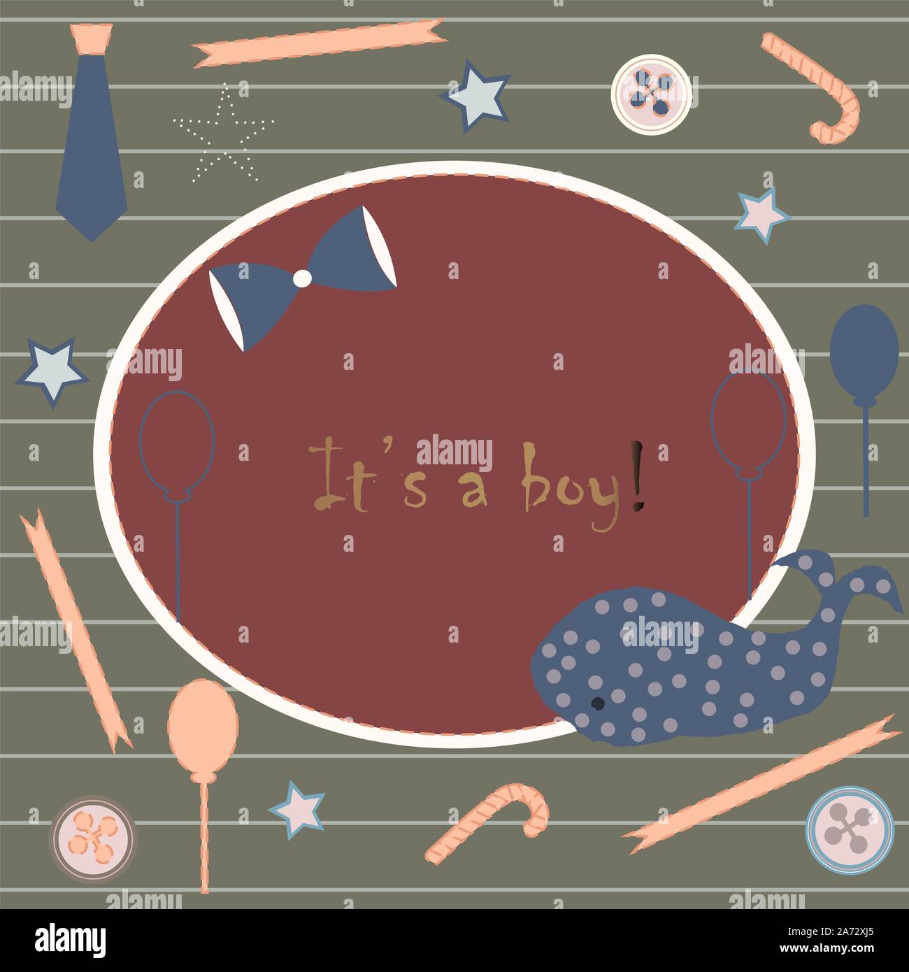 Baby Geburt Ansage. Baby-dusche-Einladung Karte. Cute Wal kündigt die Ankunft des Jungen. Card Design auf Teal Hintergrund mit Bändern, Riegel, b Stock Vektor