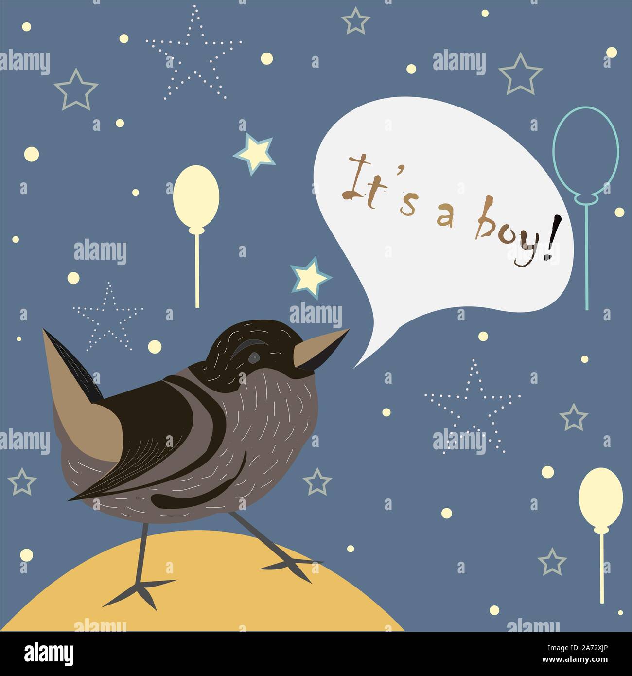 Baby Geburt Ansage. Süße Vogel verkündet die Ankunft eines Jungen Stock Vektor