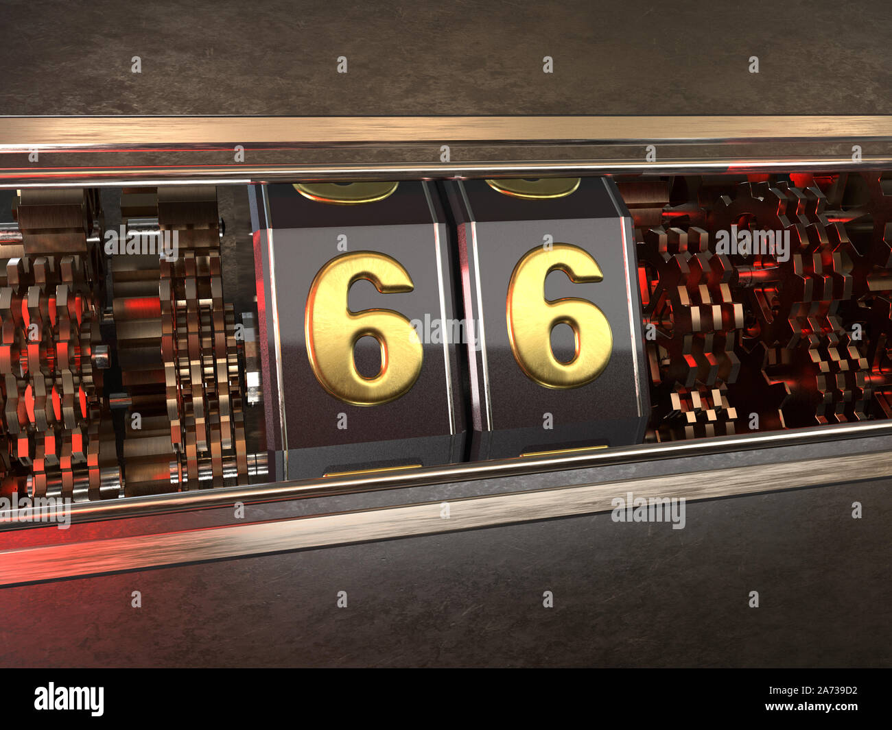 Nummer 66 (Nummer 66) Stil der Spielautomat. 3D-Darstellung Stockfoto