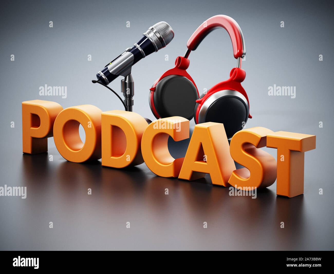 Podcast Wort, Mikrofon und Kopfhörer auf der schwarzen Oberfläche. 3D-Darstellung. Stockfoto
