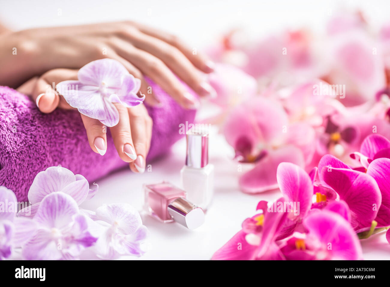 Schönen Nagel Maniküre mit Dekoration von Pink Orchid Stockfoto