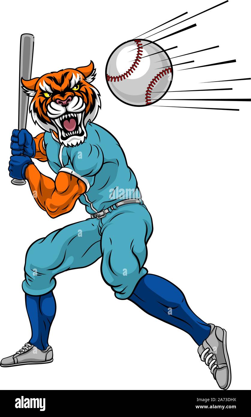 Tiger Baseballspieler Maskottchen Schwingen Bat bei Ball Stock Vektor
