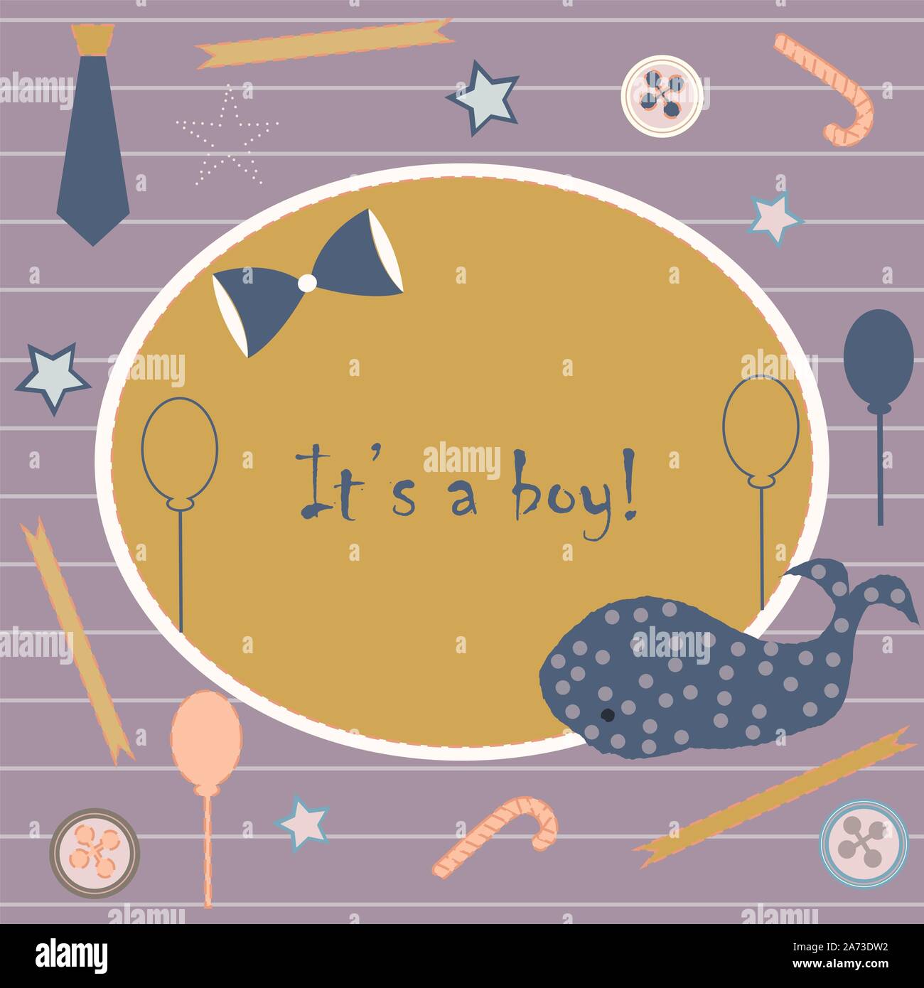 Baby Geburt Ansage. Baby-dusche-Einladung Karte. Cute Wal kündigt die Ankunft des Jungen. Card Design auf Teal Hintergrund mit Bändern, Riegel, b Stock Vektor