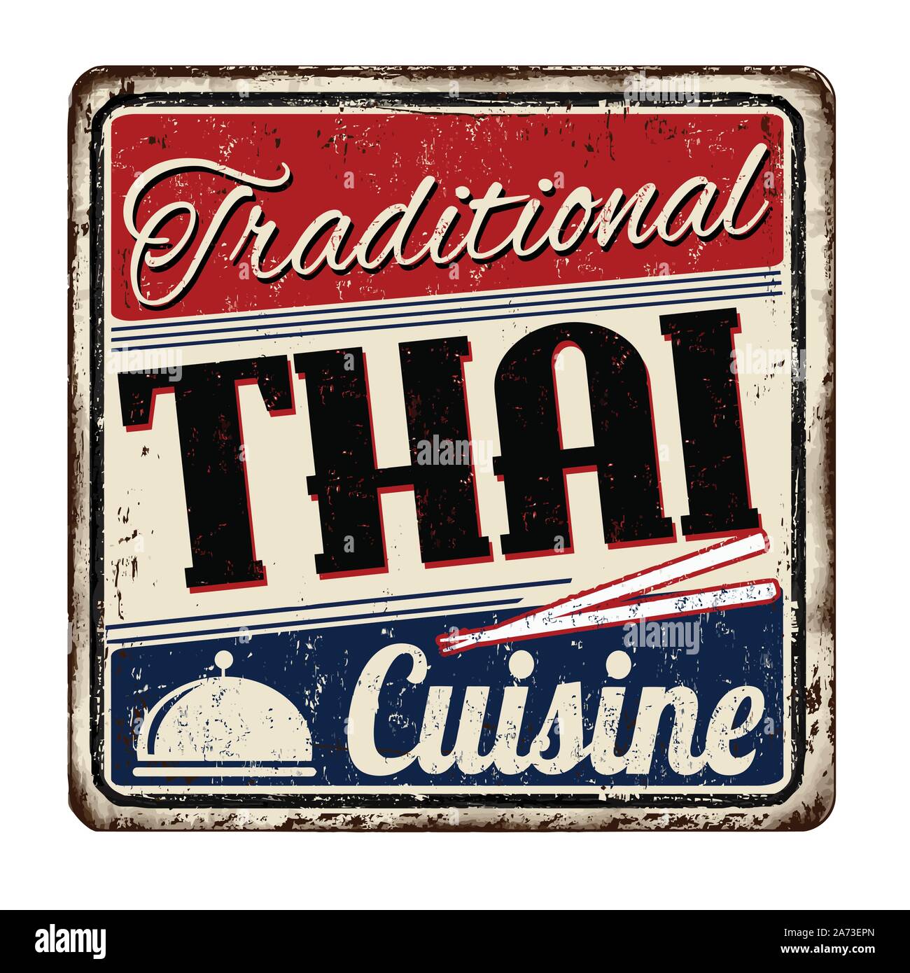 Traditionelle thailändische Küche vintage rostiges Metall Zeichen auf weißem Hintergrund, Vector Illustration Stock Vektor