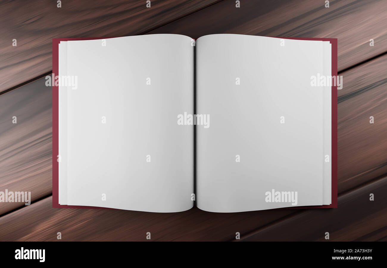 Leer leer geöffnete Buch auf dunklem Holz u 3d-render Abbildung Stockfoto