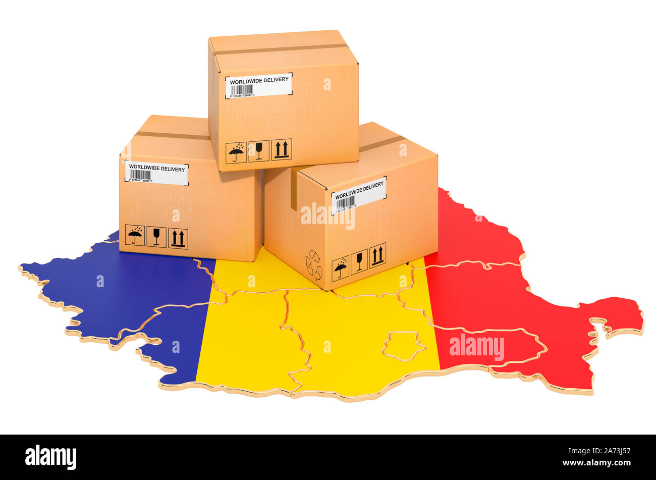 Pakete auf dem Rumänischen Karte. Versand in Rumänien, Konzept. 3D-Rendering auf weißem Hintergrund Stockfoto