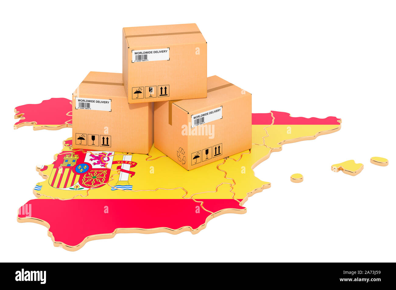 Pakete auf dem Spanischen Karte. Versand in Spanien, Konzept. 3D-Rendering auf weißem Hintergrund Stockfoto