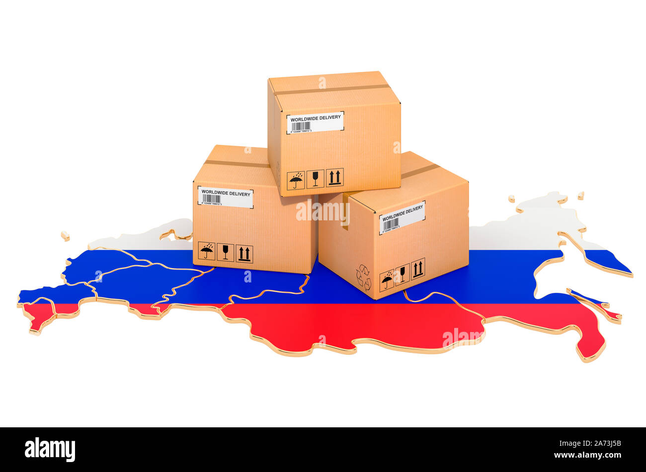 Pakete auf die russische Karte. Versand in der Russischen Föderation, Konzept. 3D-Rendering auf weißem Hintergrund Stockfoto