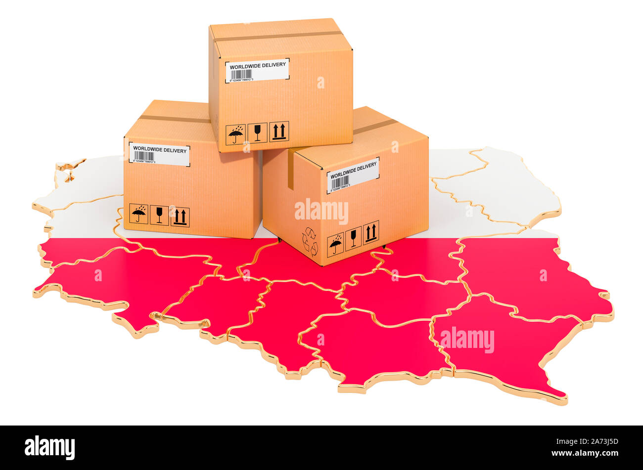 Pakete auf der polnischen Landkarte. Versand in Polen, Konzept. 3D-Rendering auf weißem Hintergrund Stockfoto
