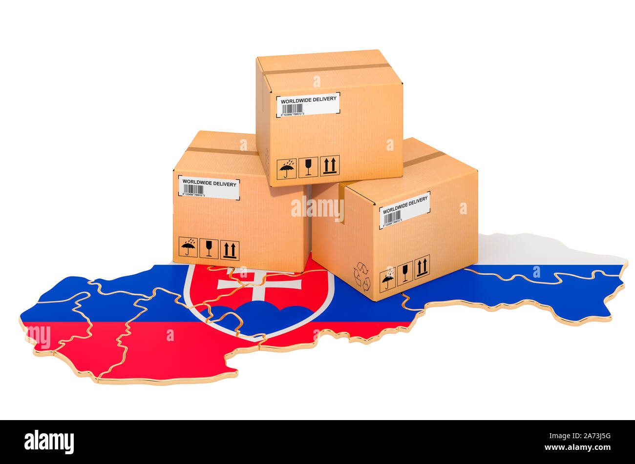 Pakete auf dem Slowakischen Karte. Versand in der Slowakei, Konzept. 3D-Rendering auf weißem Hintergrund Stockfoto