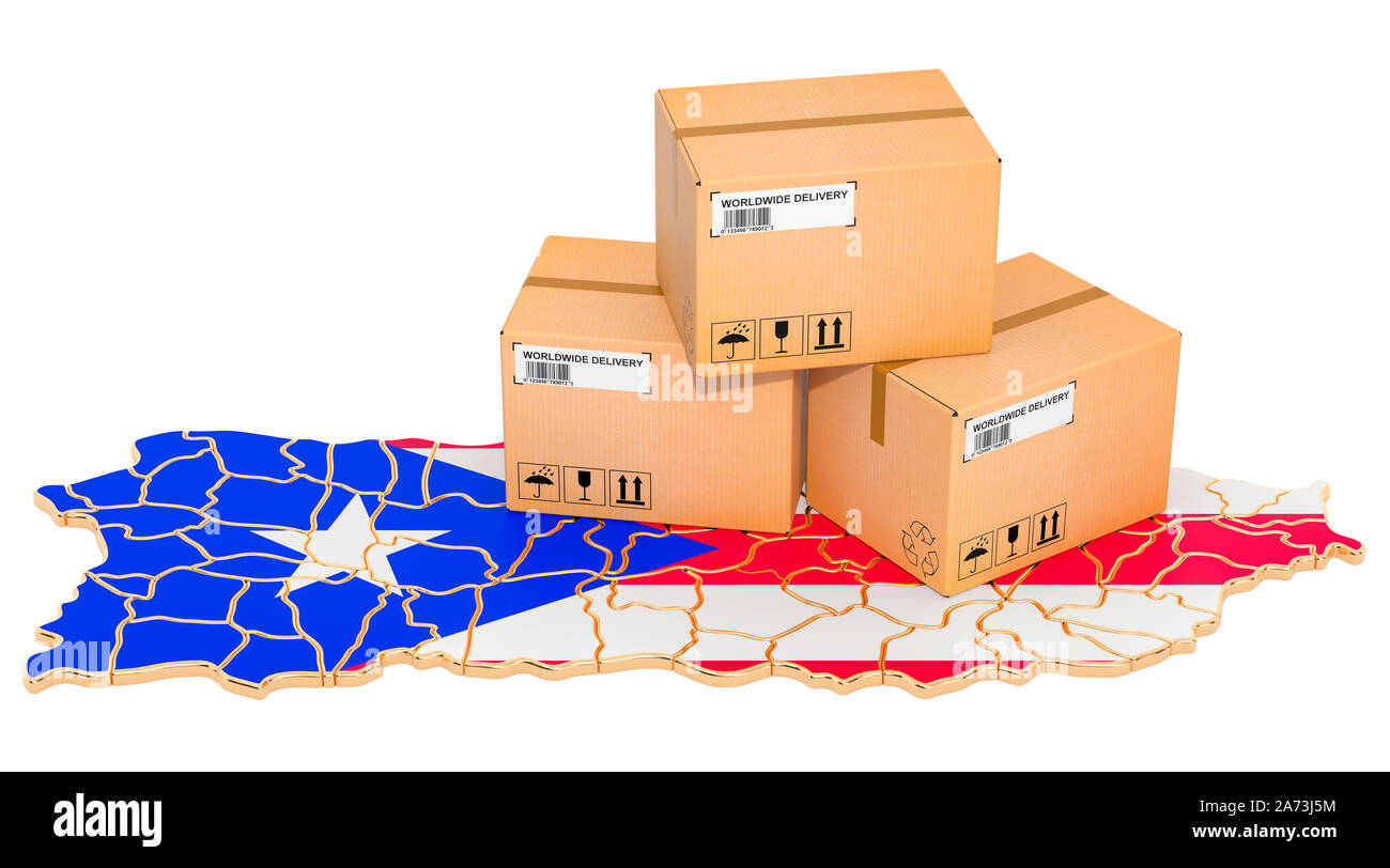 Pakete auf die Puerto Rican Karte. Versand in Puerto Rico, Konzept. 3D-Rendering auf weißem Hintergrund Stockfoto
