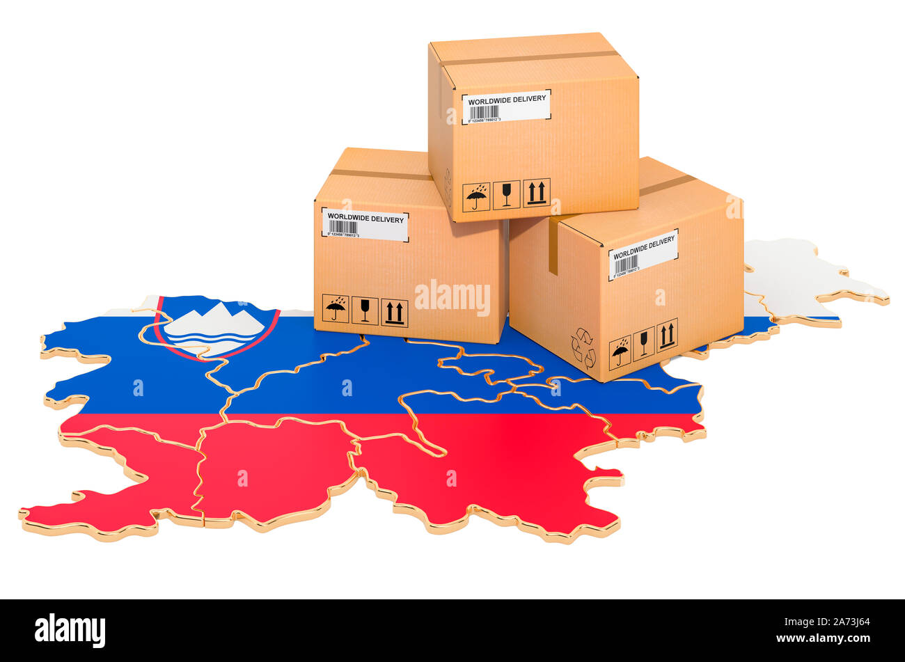 Pakete auf die Slowenische Karte. Versand in Slowenien, Konzept. 3D-Rendering auf weißem Hintergrund Stockfoto