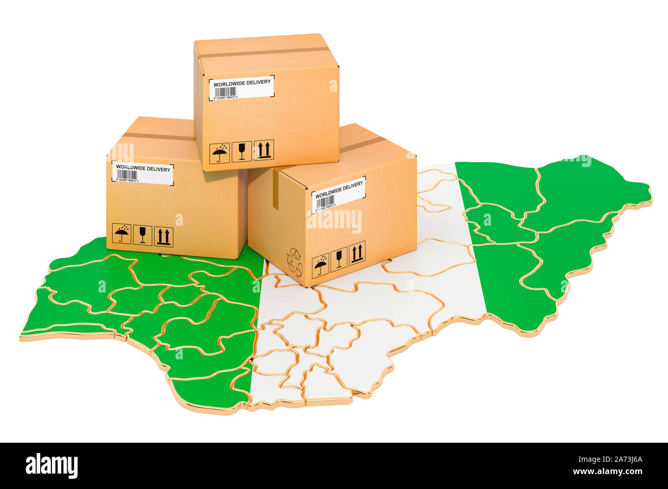 Pakete auf dem nigerianischen Karte. Versand in Nigeria, Konzept. 3D-Rendering auf weißem Hintergrund Stockfoto