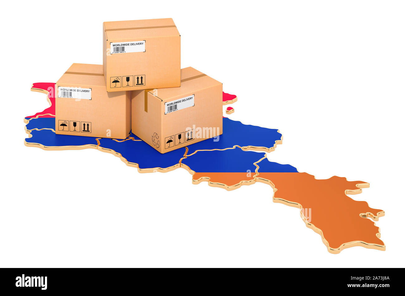 Pakete auf dem Armenischen Karte. Versand in Armenien, Konzept. 3D-Rendering auf weißem Hintergrund Stockfoto