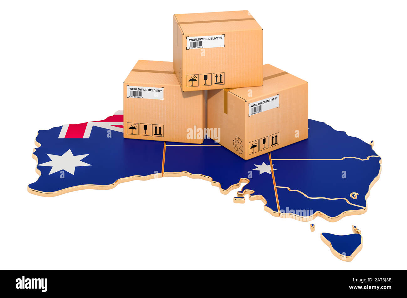 Pakete auf dem australischen Karte. Versand in Australien, Konzept. 3D-Rendering auf weißem Hintergrund Stockfoto