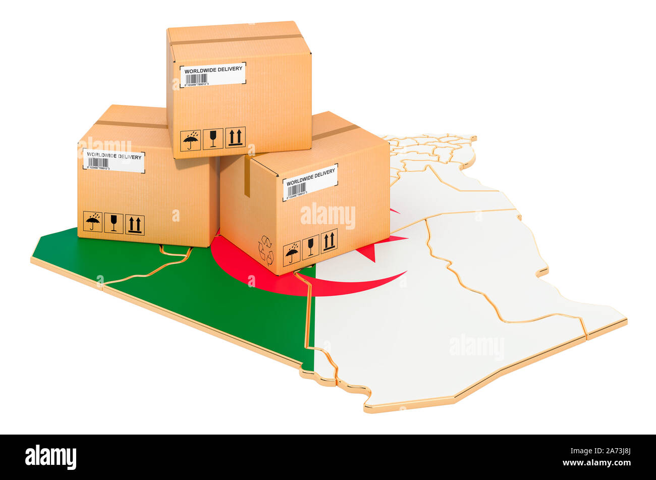 Pakete auf dem Algier Karte. Versand in Algerien, Konzept. 3D-Rendering auf weißem Hintergrund Stockfoto