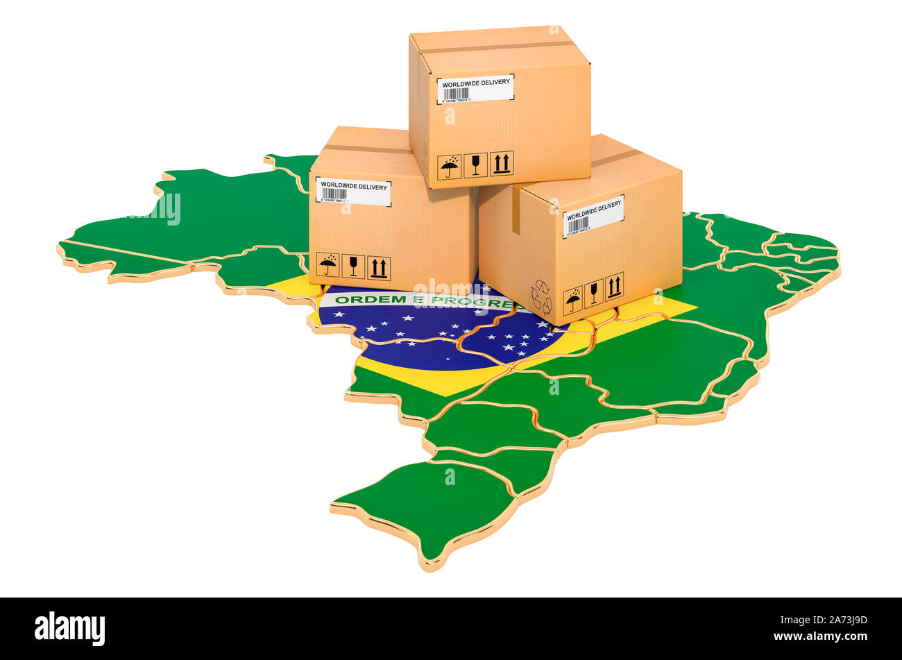 Pakete auf dem brasilianischen Karte. Versand in Brasilien, Konzept. 3D-Rendering auf weißem Hintergrund Stockfoto