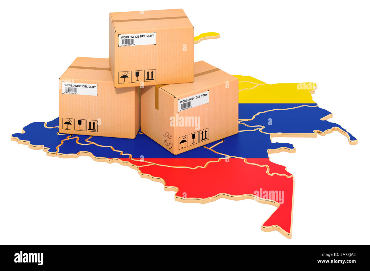 Pakete auf dem kolumbianischen Karte. Versand in Kolumbien, Konzept. 3D-Rendering auf weißem Hintergrund Stockfoto