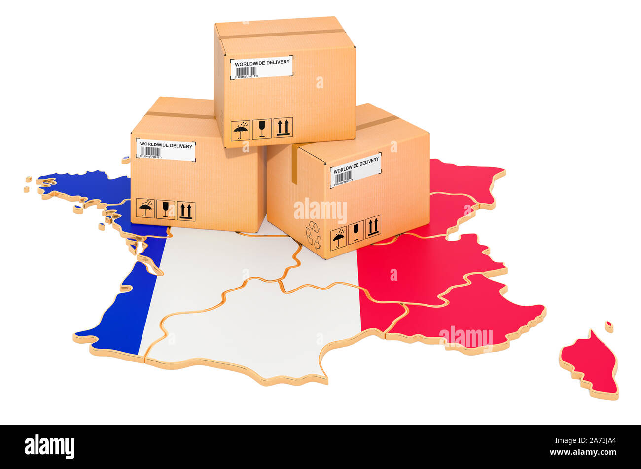 Pakete auf dem französischen Karte. Versand in Frankreich, Konzept. 3D-Rendering auf weißem Hintergrund Stockfoto