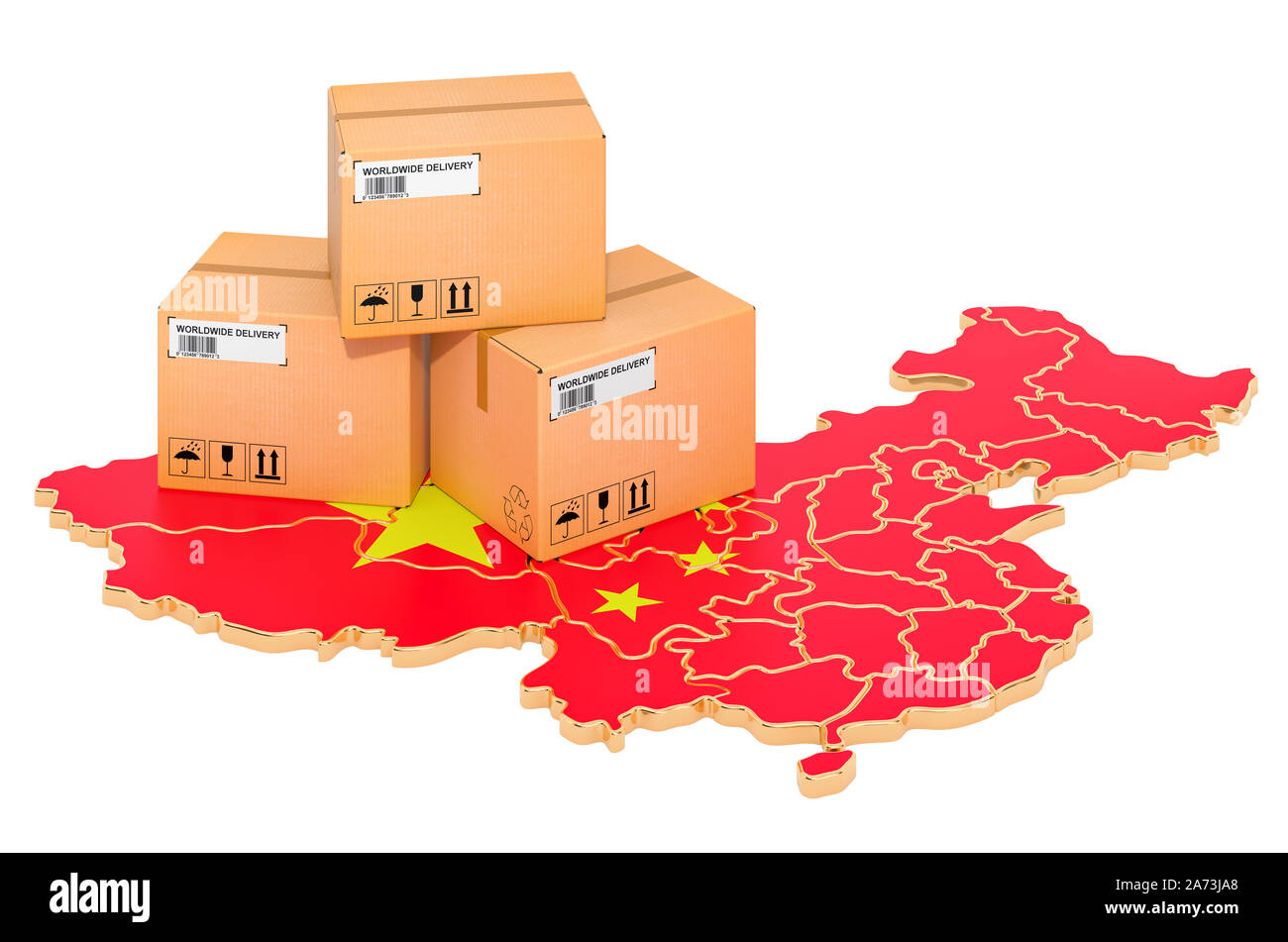 Pakete auf die Chinesische Karte. Versand in China, Konzept. 3D-Rendering auf weißem Hintergrund Stockfoto