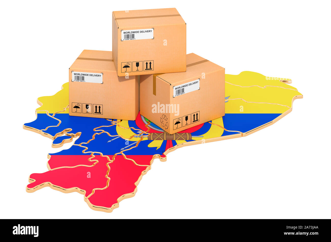 Pakete auf dem ecuadorianischen Karte. Versand in Ecuador, Konzept. 3D-Rendering auf weißem Hintergrund Stockfoto