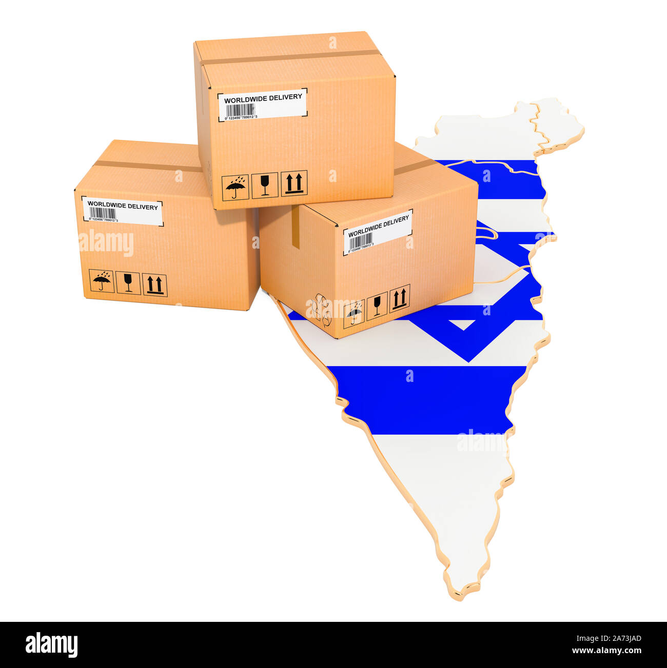 Pakete auf dem israelischen Karte. Versand in Israel, Konzept. 3D-Rendering auf weißem Hintergrund Stockfoto