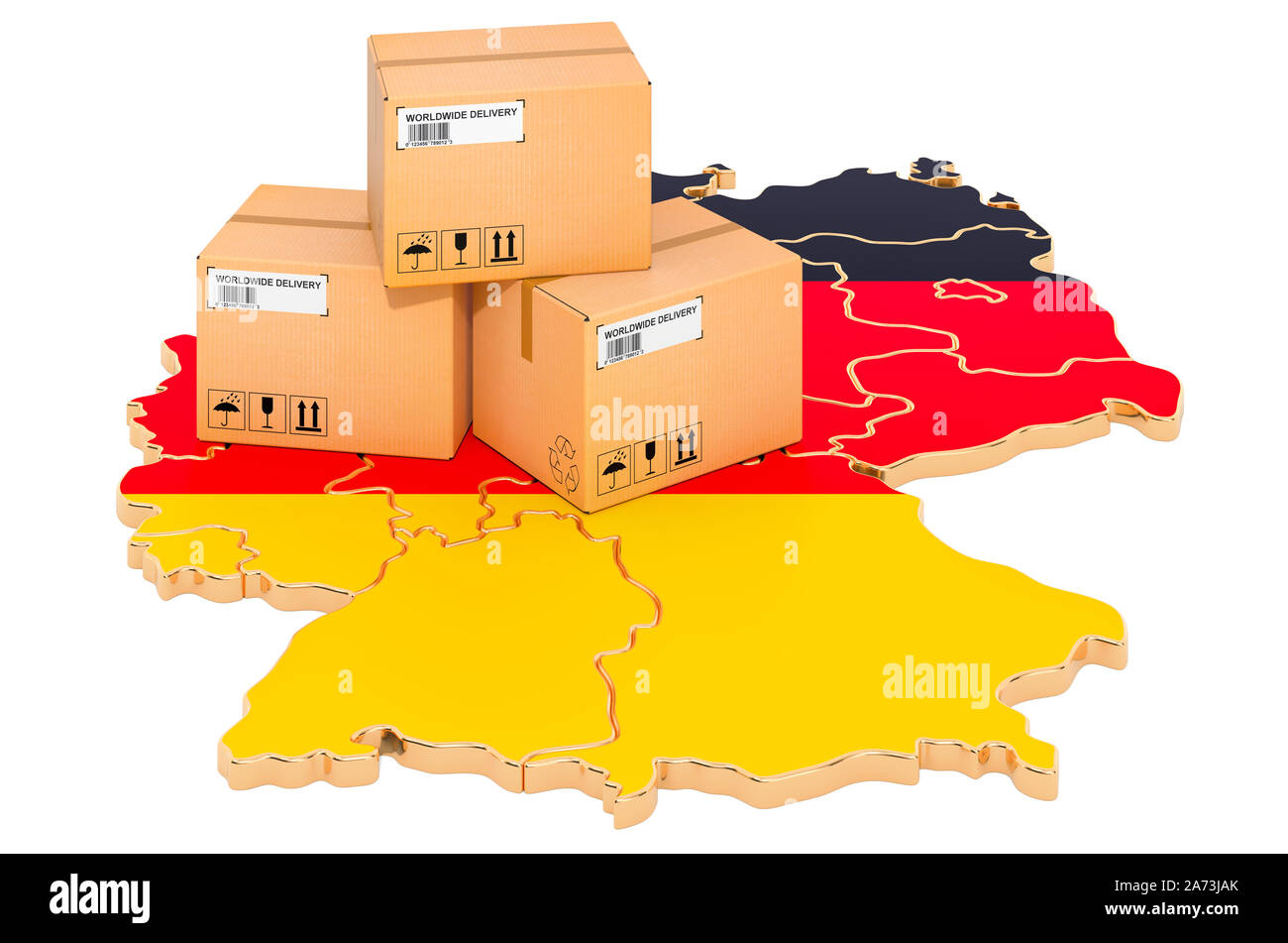 Pakete auf dem English Karte. Versand in Deutschland, Konzept. 3D-Rendering auf weißem Hintergrund Stockfoto