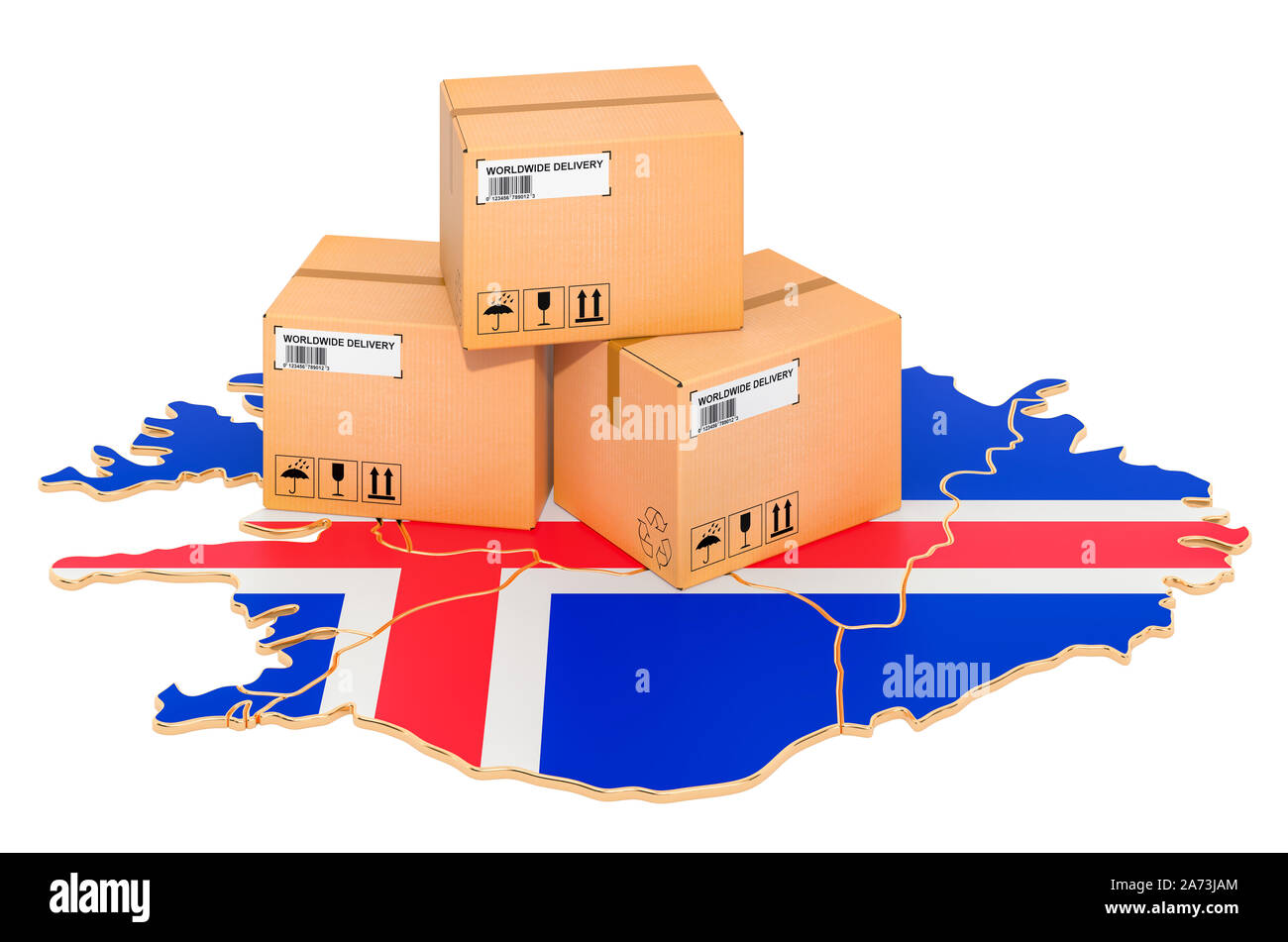 Pakete auf dem Isländischen Karte. Versand in Island, Konzept. 3D-Rendering auf weißem Hintergrund Stockfoto