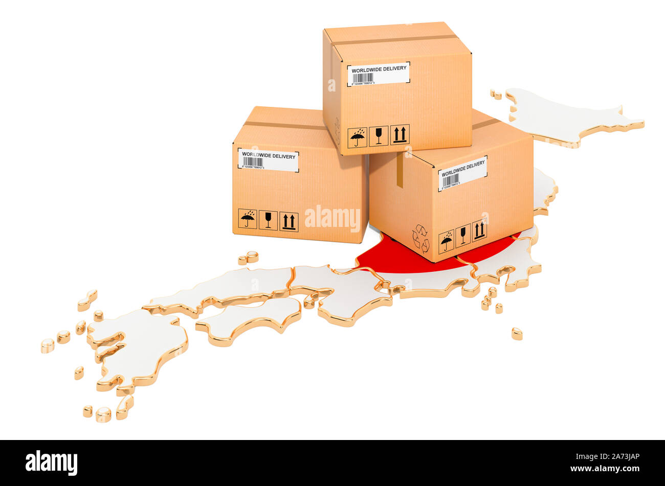 Pakete auf der japanischen Karte. Versand in Japan, Konzept. 3D-Rendering auf weißem Hintergrund Stockfoto