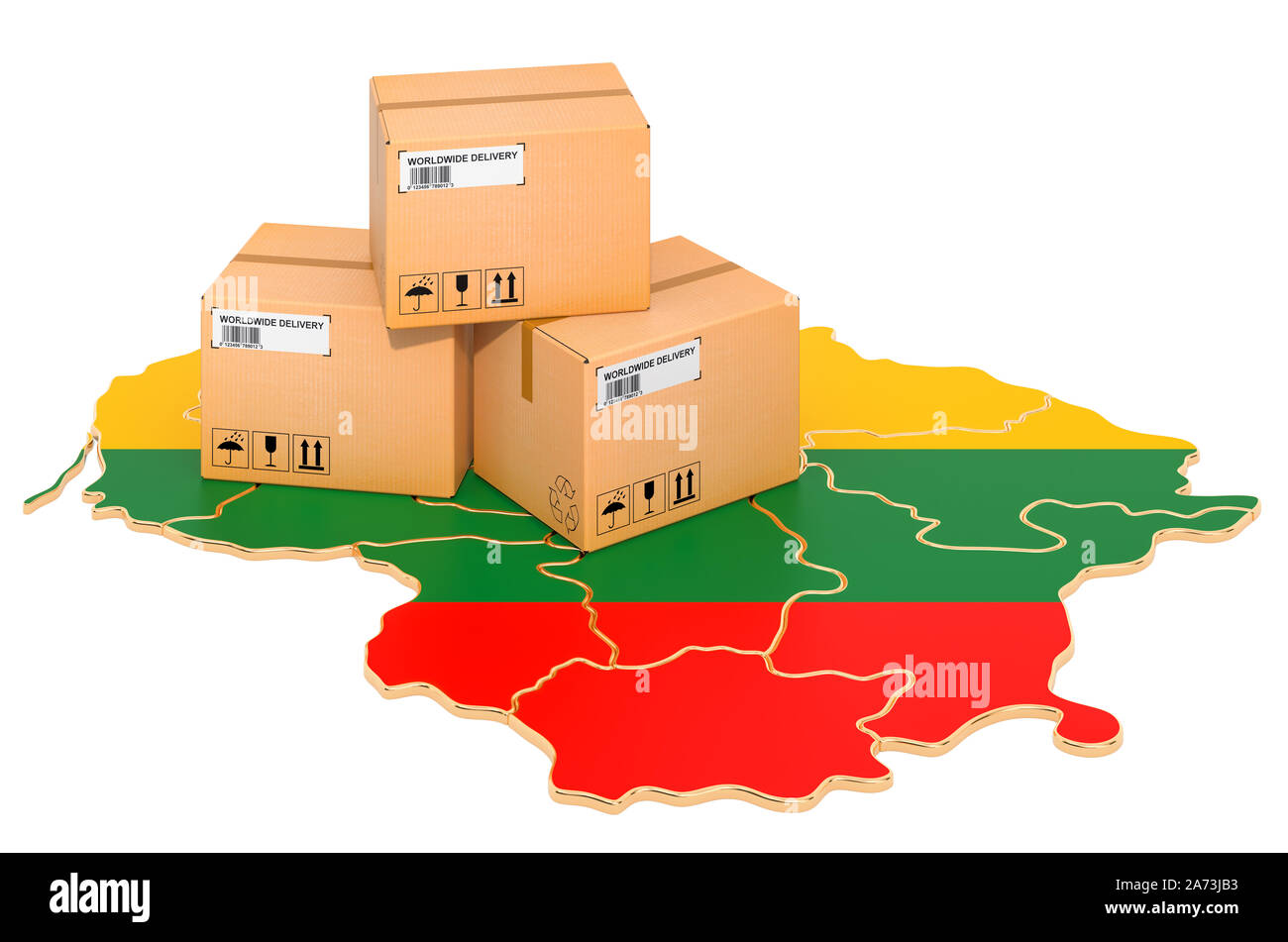 Pakete auf dem litauischen Karte. Versand in Litauen, Konzept. 3D-Rendering auf weißem Hintergrund Stockfoto