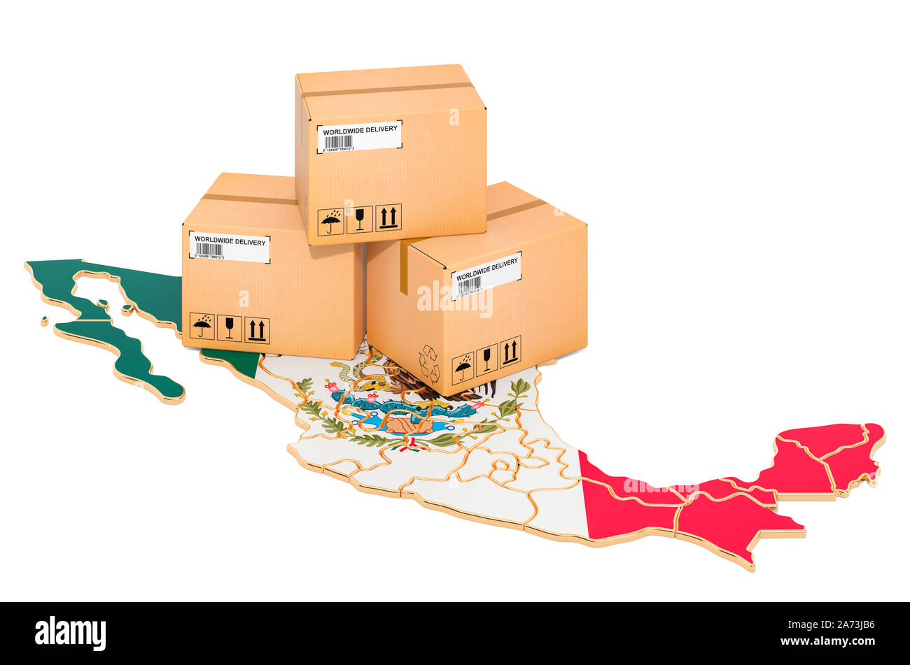 Pakete auf dem mexikanischen Karte. Versand in Mexiko, Konzept. 3D-Rendering auf weißem Hintergrund Stockfoto