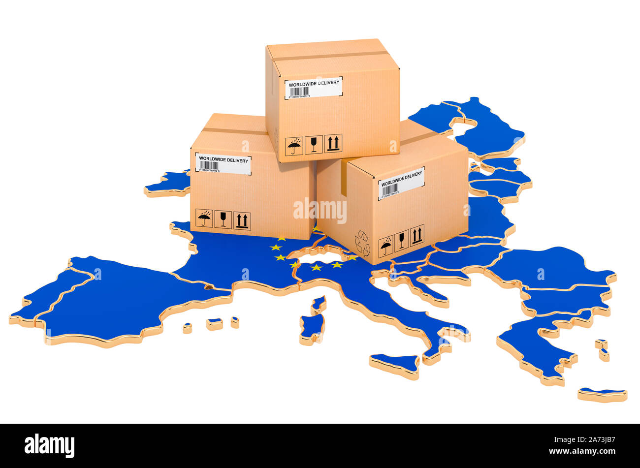 Pakete auf die Europäische Union. Lieferung in die EU, Konzept. 3D-Rendering auf weißem Hintergrund Stockfoto