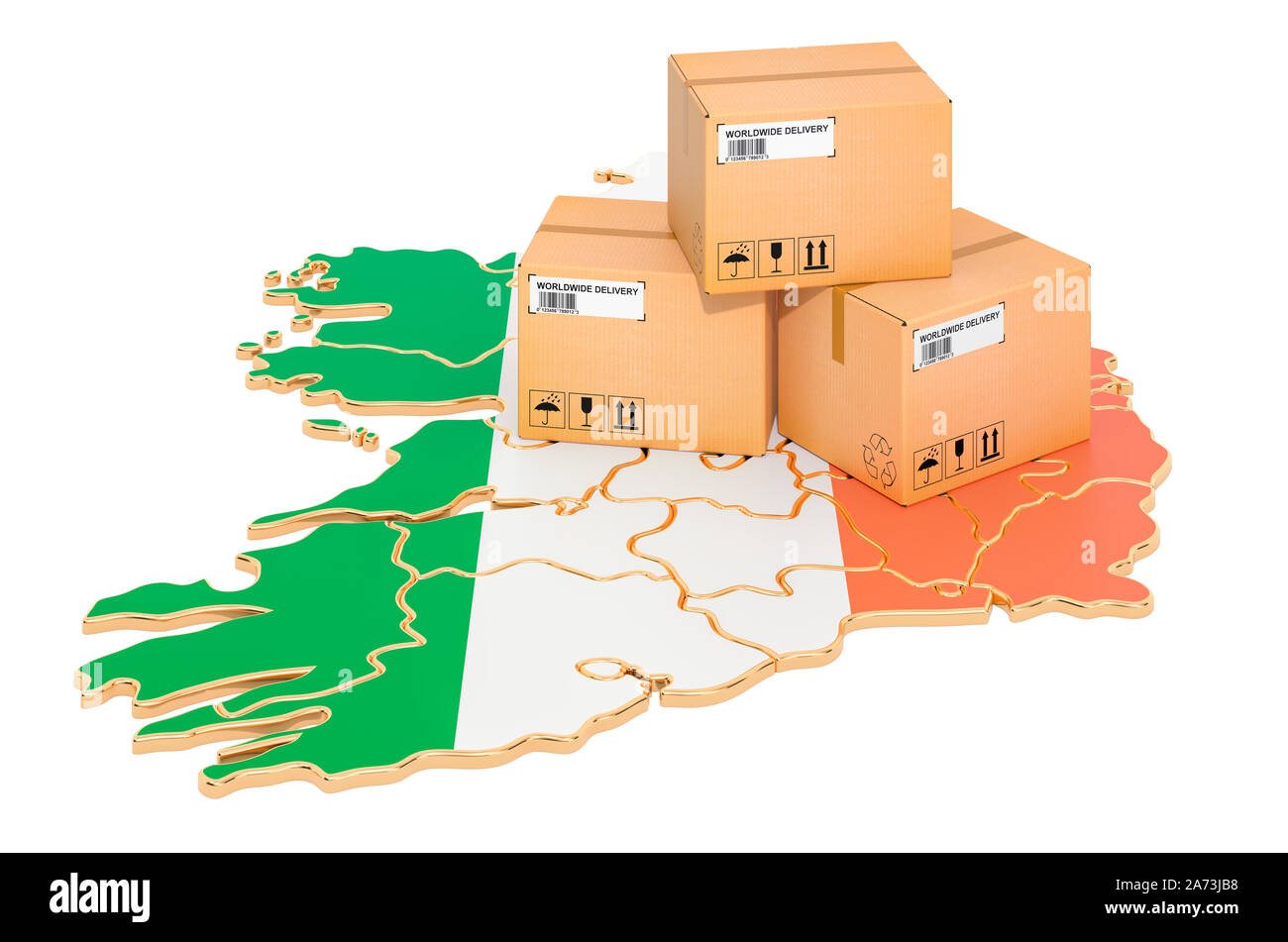Pakete auf dem irischen Karte. Versand in Irland, Konzept. 3D-Rendering auf weißem Hintergrund Stockfoto