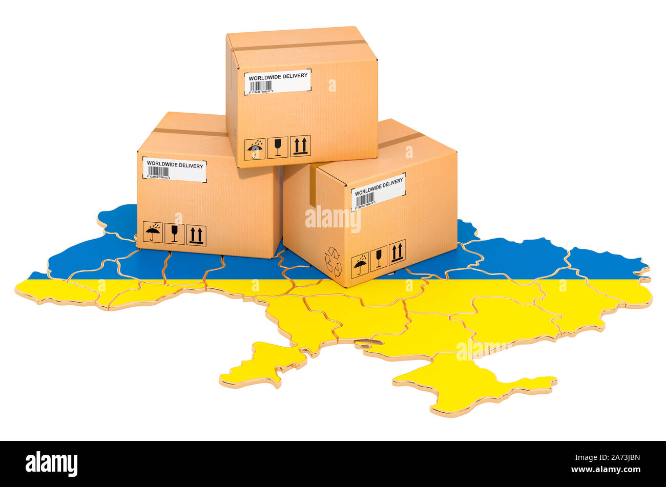 Pakete auf dem Ukrainischen Karte. Versand in der Ukraine, Konzept. 3D-Rendering auf weißem Hintergrund Stockfoto