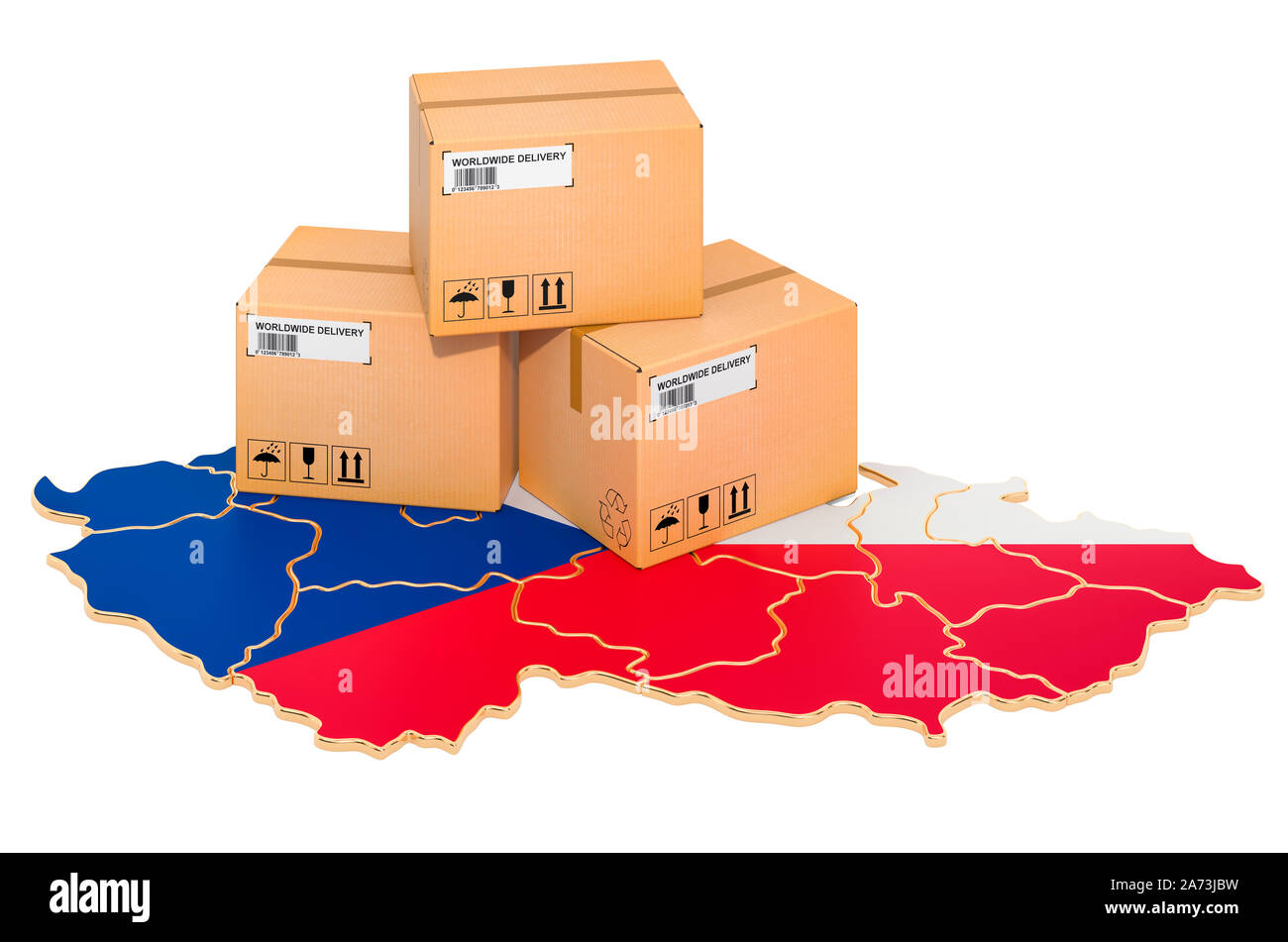Pakete auf die Tschechische Republik Karte. Versand in der Tschechischen Republik, Konzept. 3D-Rendering auf weißem Hintergrund Stockfoto