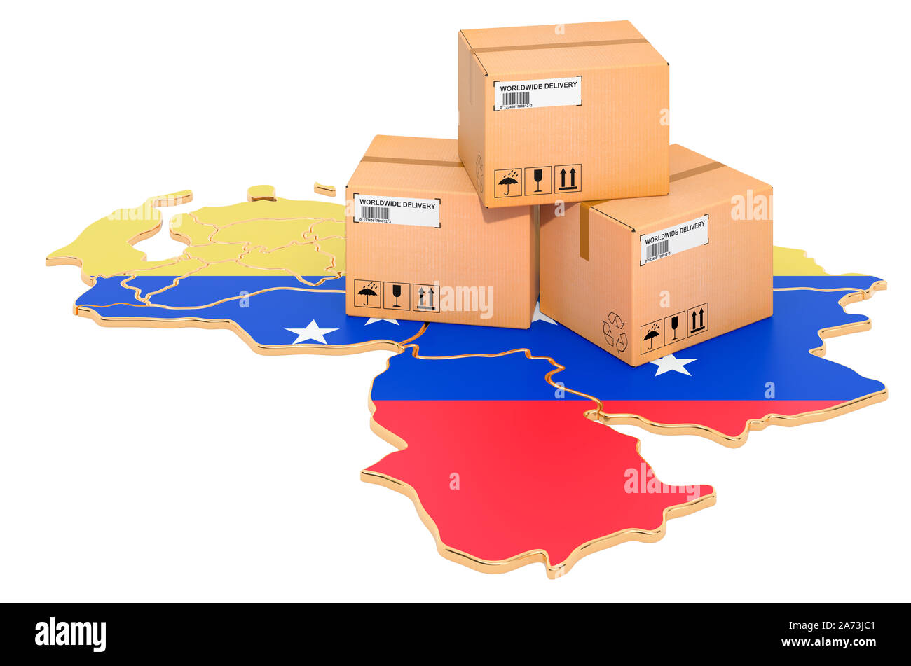 Pakete auf dem venezolanischen Karte. Versand in Venezuela, Konzept. 3D-Rendering auf weißem Hintergrund Stockfoto