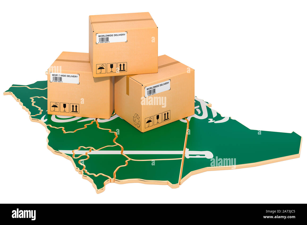 Pakete auf der Karte von Saudi-arabien. Versand in Saudi-Arabien, Konzept. 3D-Rendering auf weißem Hintergrund Stockfoto