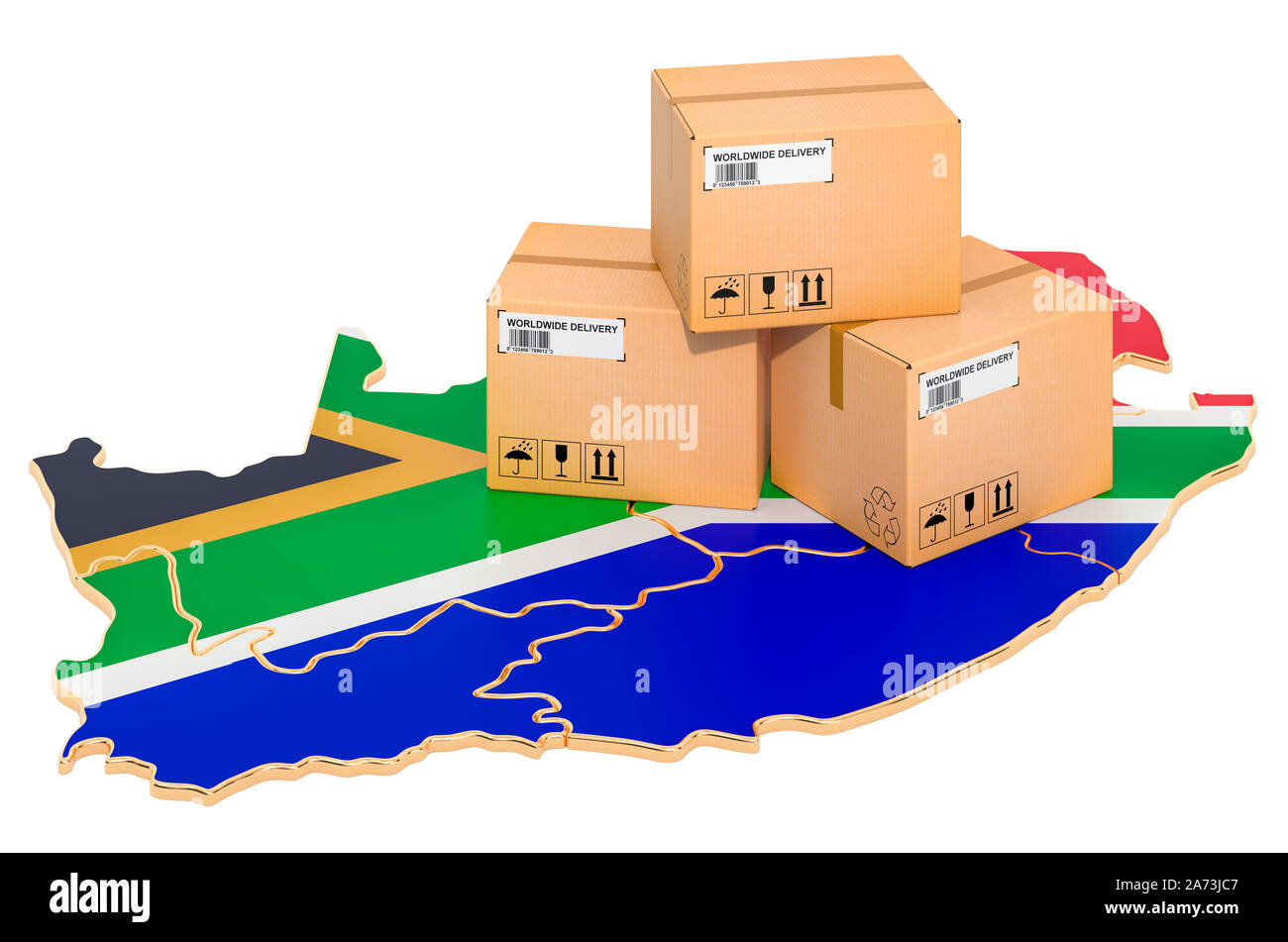 Pakete auf der Karte von Südafrika. Versand in Südafrika, Konzept. 3D-Rendering auf weißem Hintergrund Stockfoto