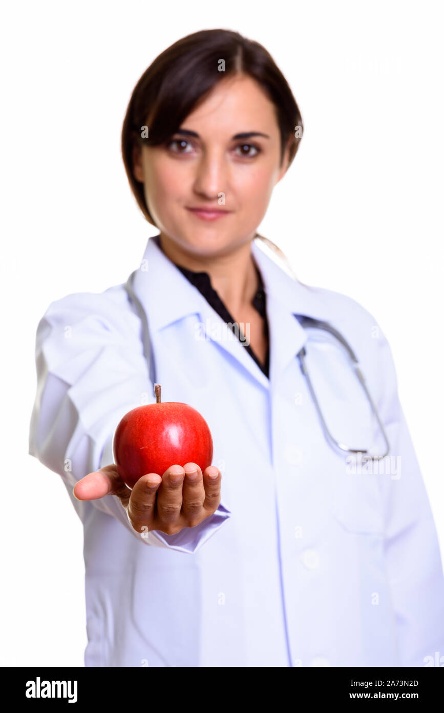 In der Nähe von schönen Frau Arzt, der rote Apfel Stockfoto