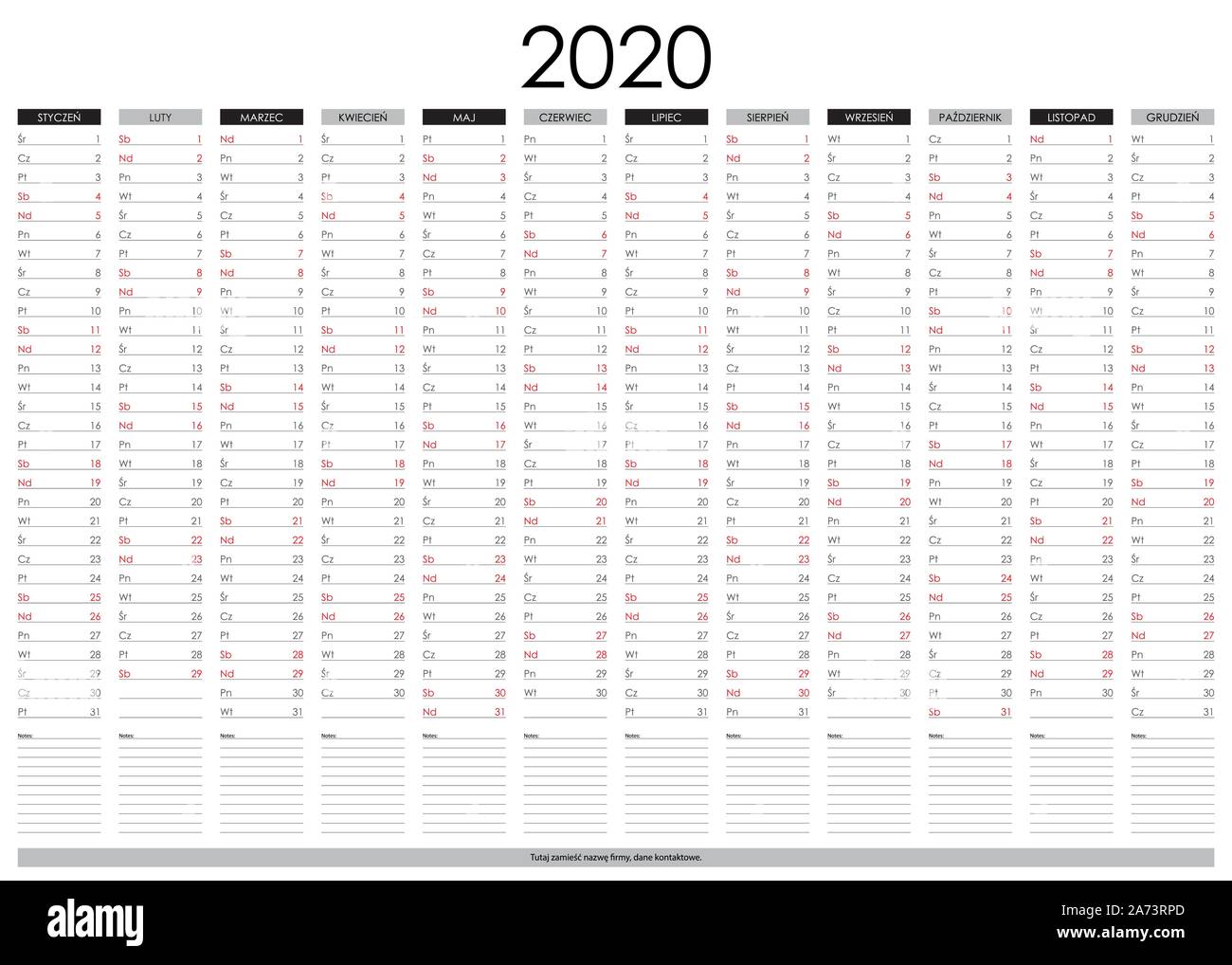 Kalender in der Polnischen für 2020. Jahr Planer und Organisator. Einfache  und lesbare Gestaltung. Vorlage für die Firma. Platz für die Namen und  andere Stock-Vektorgrafik - Alamy