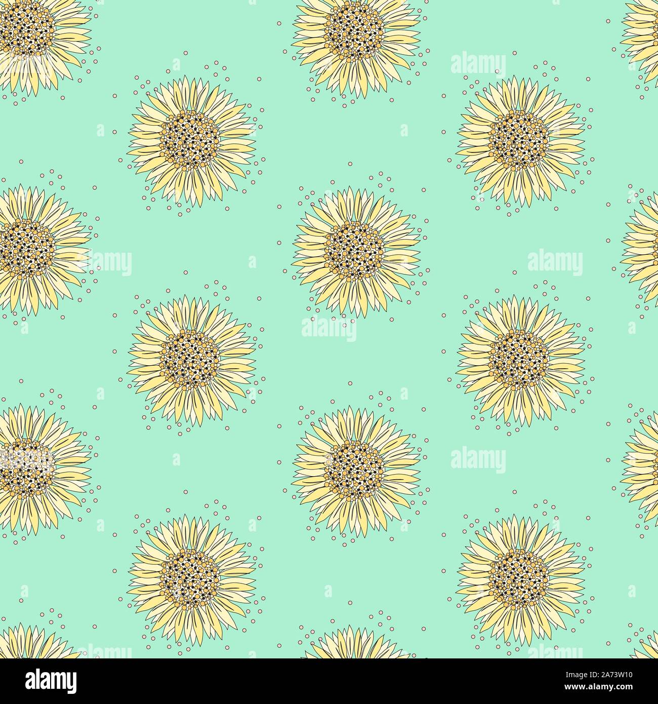 Hand zeichnen Blumen auf Neo mint Hintergrund verstreut. Vektor nahtlose Muster mit blühenden Sonnenblumen. Blumen Abbildung. Sommer oder Frühling vintage Stock Vektor