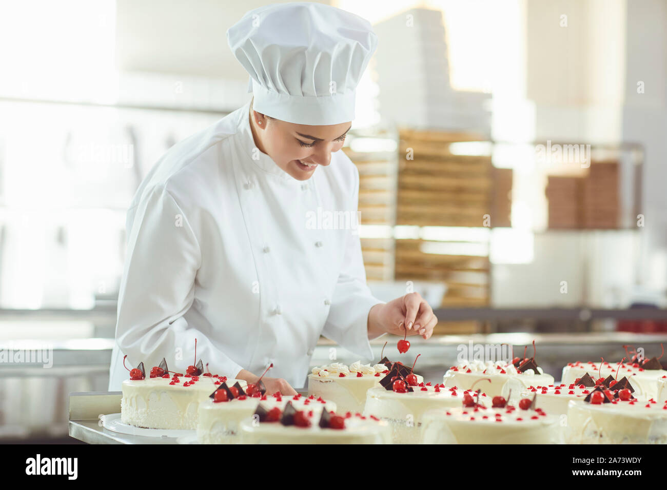 Konditor hält einen Kuchen in der Hand in der Bäckerei. Stockfoto