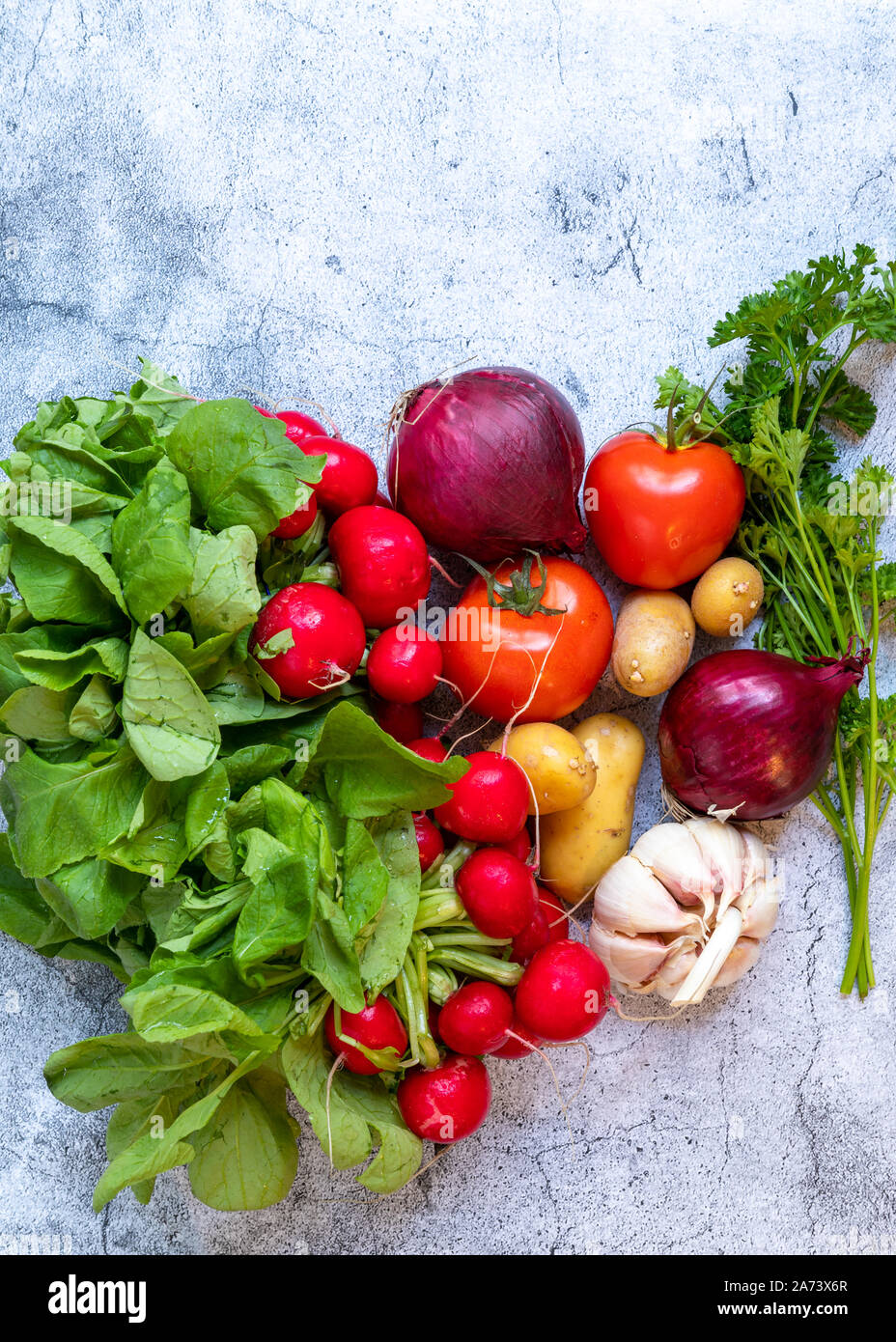 Roh essbaren Wurzeln, Zwiebeln, Knoblauch raddish patatoes tamatoes Overhead shot Grüns Stockfoto