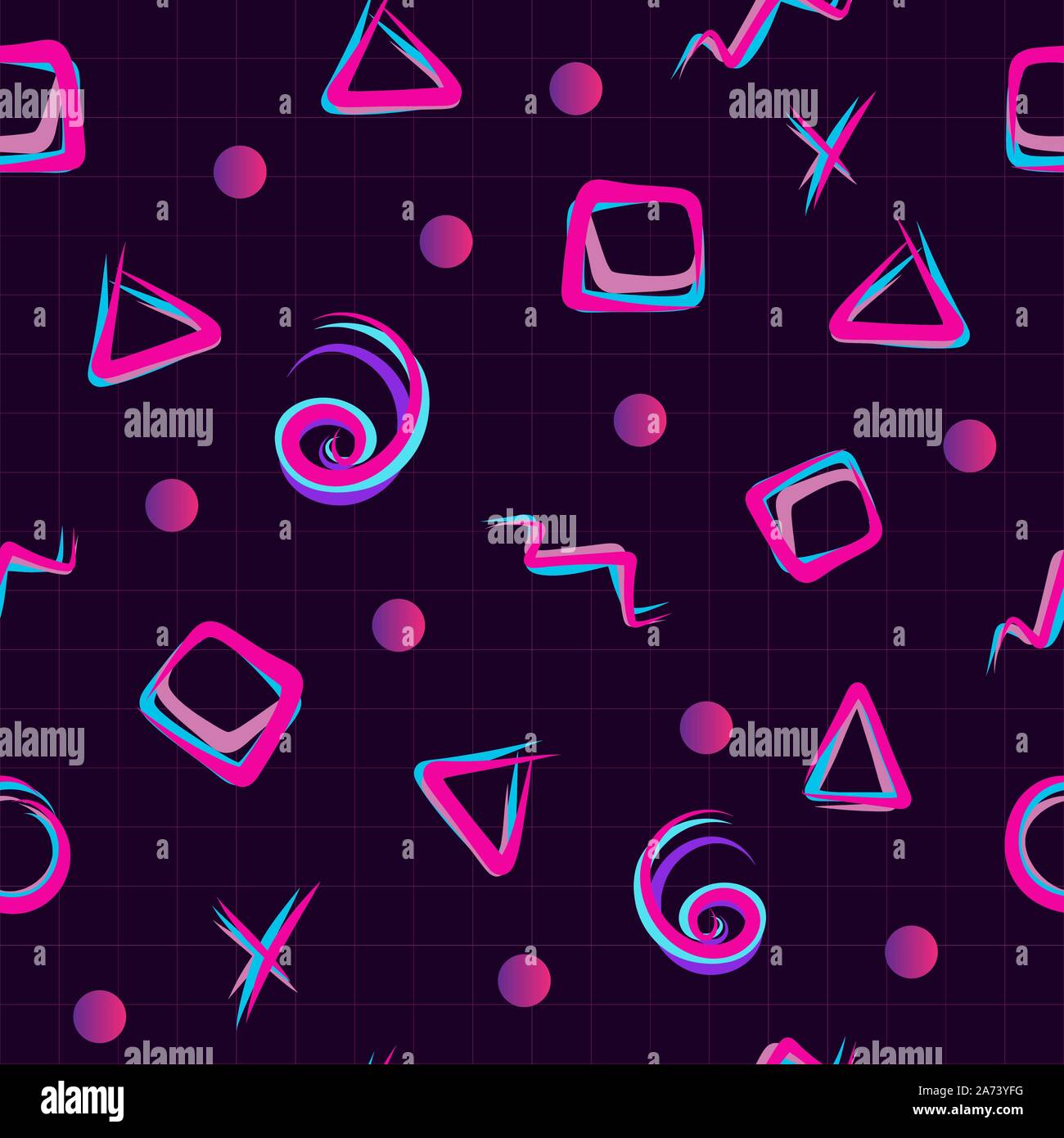 Memphis Stil. Futuristische nahtlose Muster. Retrowave, synthwave geometrische Abbildung. Kybernetischen Raum der Zukunft. Neon Farben auf dunklem backgrop. Stock Vektor