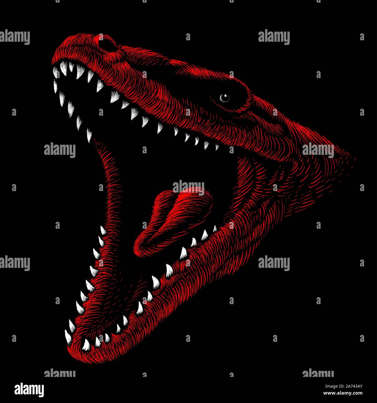 Der Vektor logo Drache oder Dinosaurier für T-Shirt Druck Design oder Oberbekleidung. Jagd stil Reptile Rückwand. Diese Zeichnung wäre schön, auf der zu machen Stock Vektor