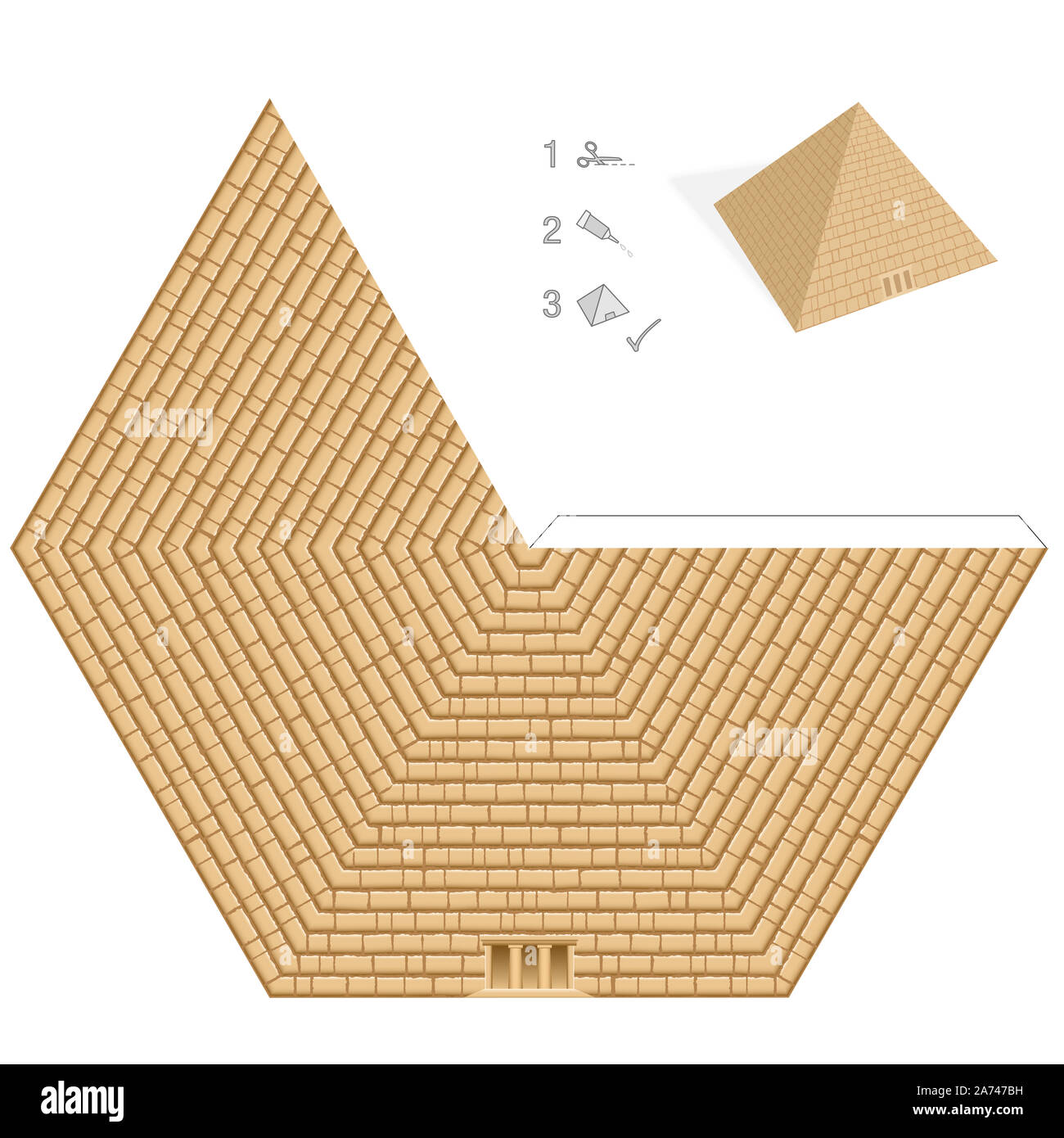 Pyramide Modell. Einfache Vorlage - Historische, ägyptische 3D Paper Art - Ausschneiden, Falten und Kleben - Abbildung auf weißen Hintergrund. Stockfoto