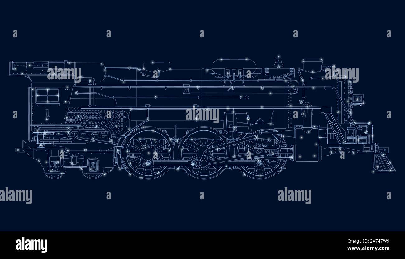 Drahtmodell eines alten Zug der blauen Linien auf einem dunklen Hintergrund mit den leuchtenden Leds. Von der Seite. Vector Illustration Stock Vektor