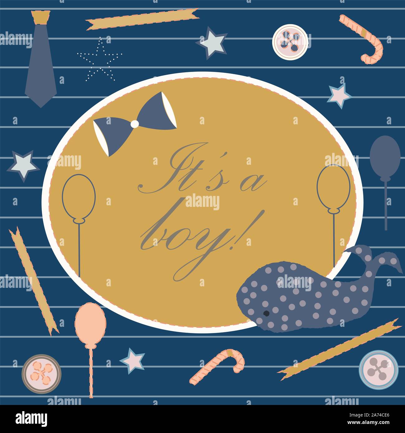 Baby Geburt Ansage. Baby-dusche-Einladung Karte. Cute Wal kündigt die Ankunft des Jungen. Card Design auf Teal Hintergrund mit Bändern, Riegel, b Stock Vektor