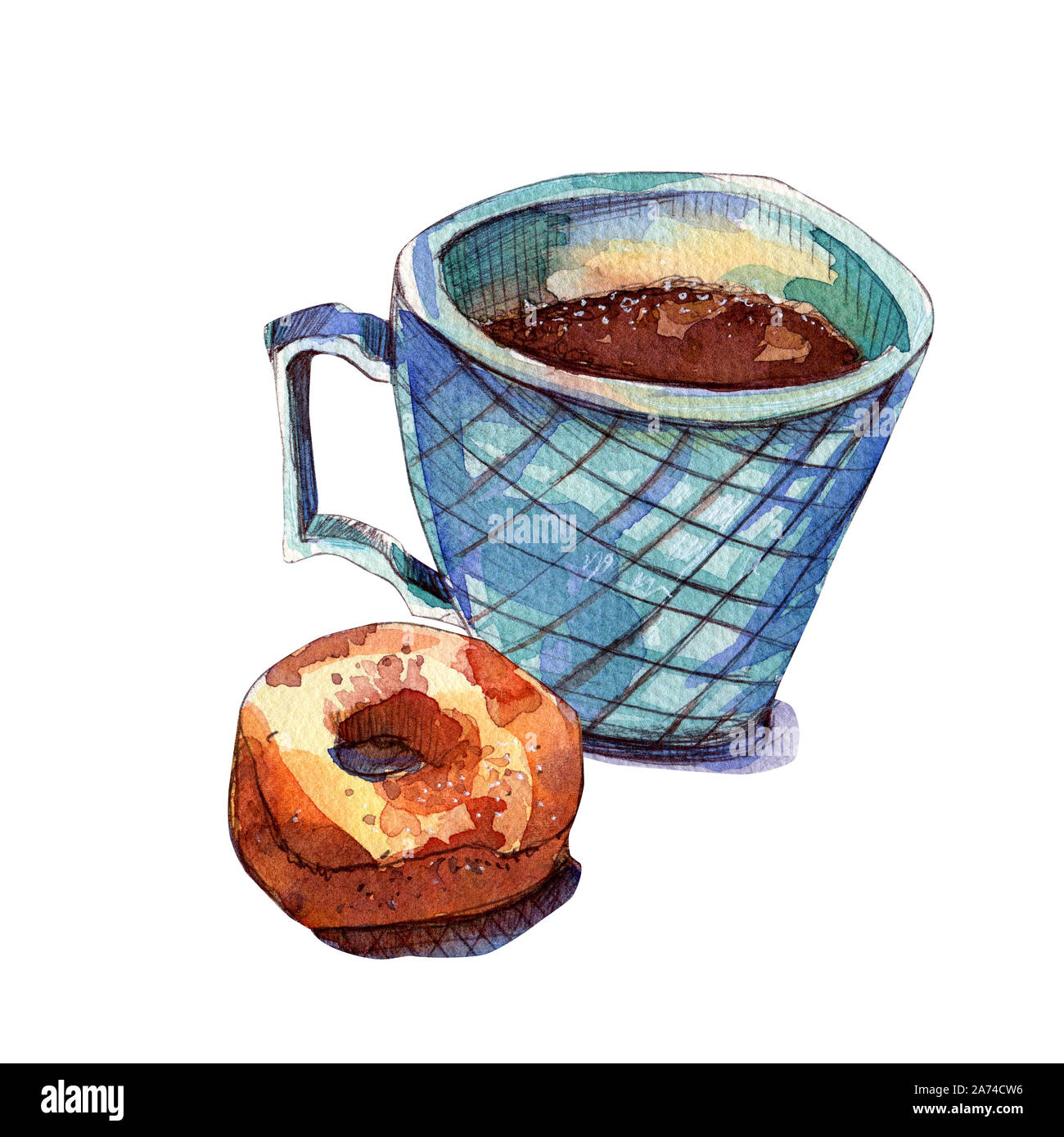 Blaue Tasse mit Kaffee und einem Donut. Aquarell Abbildung. Kaffee mit Kondensmilch in der Green Sea Cup auf weißem Hintergrund. Leningrad dumpl Stockfoto