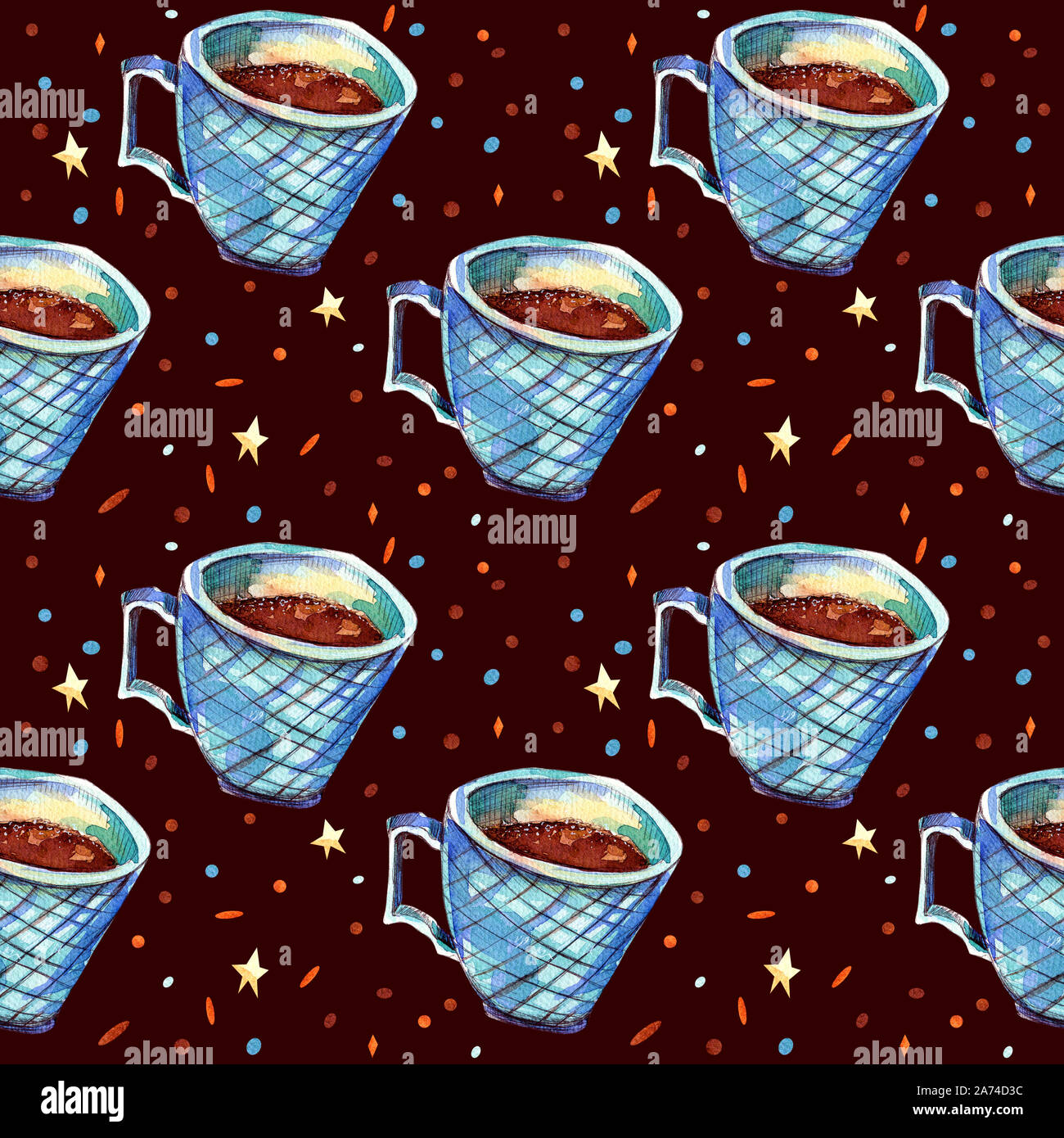 Nahtlose Muster mit blauen Kaffeebecher. Aquarell Abbildung. Eine isolierte Tasse meer Grün auf einem Schokolade Hintergrund und ein Pulver mit Sternen. Herbst Stockfoto